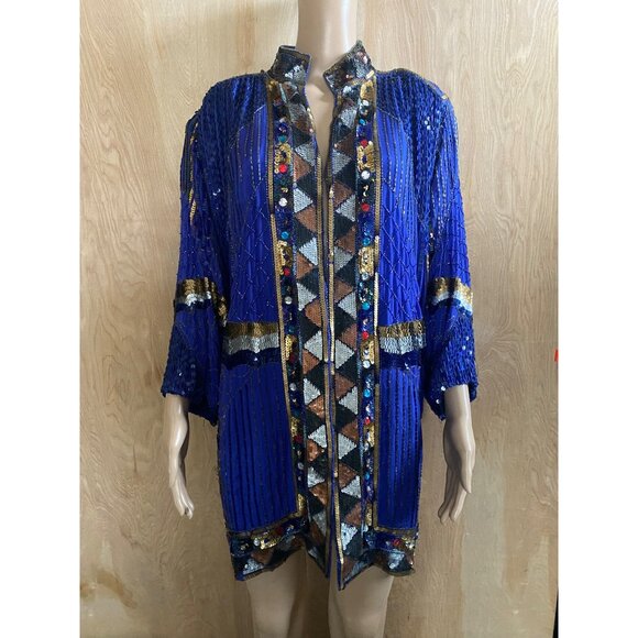 Vintage 1980s Sequin Beaded Duster Kimono Open Front Jacket Frank Usher Style - Picture 1 of 15